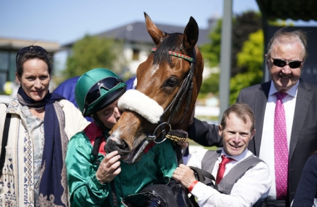 ockey Chris Hayes celebrates winning The Tattersalls Irish 1,000 Guineas on Tahiyra alongside owner Princess Zahra Aga Khan (lef